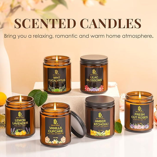 6 Pack Candles for Home Scented, Christmas Holiday Candles Gifts for Women Men, Soy Candle Set Scents of Fresh Cut Roses/Lemon Lavender/Vanilla Cupcake/Amber Patchouli/Lilac Blossoms/Mint Eucalyptus