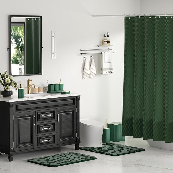 Bathroom Accessory Set - 25PC Green Bathroom Sets, Bathroom Set with Shower Curtain and Rugs, Dark Green Shower Curtain Set, Trash Can, Qtip Holder Dispenser & Soap Dispenser