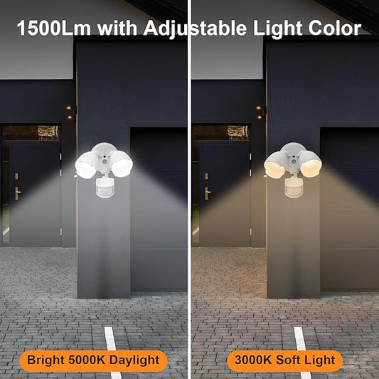 15W 1500 Lumen LED Security Lights with Motion Sensor Outdoor, 3000K/5000K Light, IP65 Waterproof, Dusk to Dawn, Dual-Head Motion Detected Flood Wall Light for Garage Yard Porch (White)