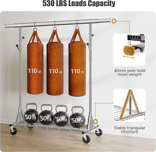 Heavy Duty Clothes Rack Load 530 LBS Metal Clothing Garment Rack Hang 200 pieces of clothing on Wheels Collapsible Rolling Portable & Adjustable with Hook for Hanging Clothes
