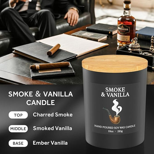 NORVENCE Candles for Men, Smoke & Vanilla Scented Candle Gifts for Men and Women, 10oz Soy Candles with Bamboo Lid for Home Scented, Birthday Gifts for Men