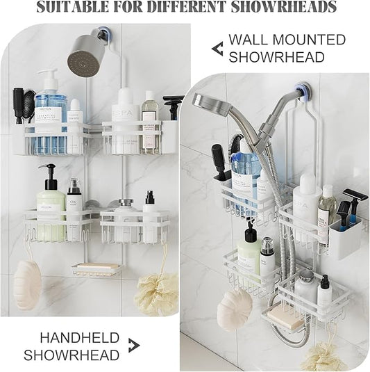 Shower Caddy Hanging for Bathroom Organizers and Storage - 3-Tier Adjustable Anti-Swing Shower Organizer for Handheld Showerhead with Heavy-Duty Suction Cups, Damage-Free Rustproof (White)