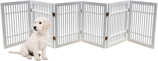 Pet Dog Gate Strong and Durable Freestanding Folding Acacia Hardwood Portable Wooden Fence Indoors or Outdoors by Urnporium (White Pet Gate, 6 Panel 24" Tall)