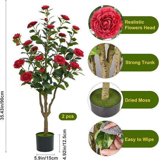 3Ft Artificial Camellia Tree 2pack, Red Silk Flowers Faux Plant for Indoor Outdoor Home Decor, Realistic Potted Greenery for Office Porch Living Room