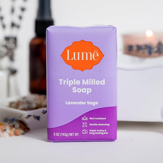 Lume Triple Milled Bar Soap - Rich Moisture & Gentle Cleansing - Paraben Free, Phthalate Free, Skin Safe - 5 ounce (Pack of 4) (Lavender Sage)