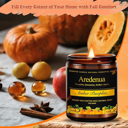 Amber Pumpkin Candle – Warm Holiday Pumpkin Scent, Hand-Poured Soy Candles for Winter Home Décor, Cozy Christmas Seasonal Candles Gift
