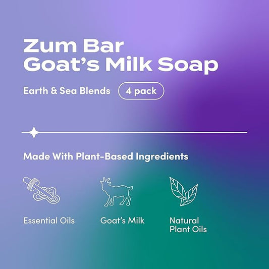 Indigo Wild Zum Goat's Milk Soap Bar - Bar Soap for Hands & Body Made with Essential Oils - 3 oz - Earth & Sea Blends (4 Pack)