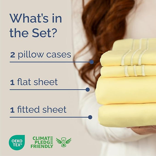 Queen Size 4 Piece Sheet Set - Comfy Breathable & Cooling Bed Sheets Set - Hotel Luxury Bedding for Women, Men, Kids, Teens, Boys & Girls - Deep Pockets, Ultra-Soft, Wrinkle Free - Oeko-Tex - Yellow
