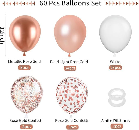 FunHot Rose Gold and White Balloons, 60Pcs Pearl Rose Gold Balloons, 12 Inch Metallic Rose Gold Confetti Balloons Helium Rose Gold Latex Balloons for Baby Shower Wedding Birthday Party Decorations