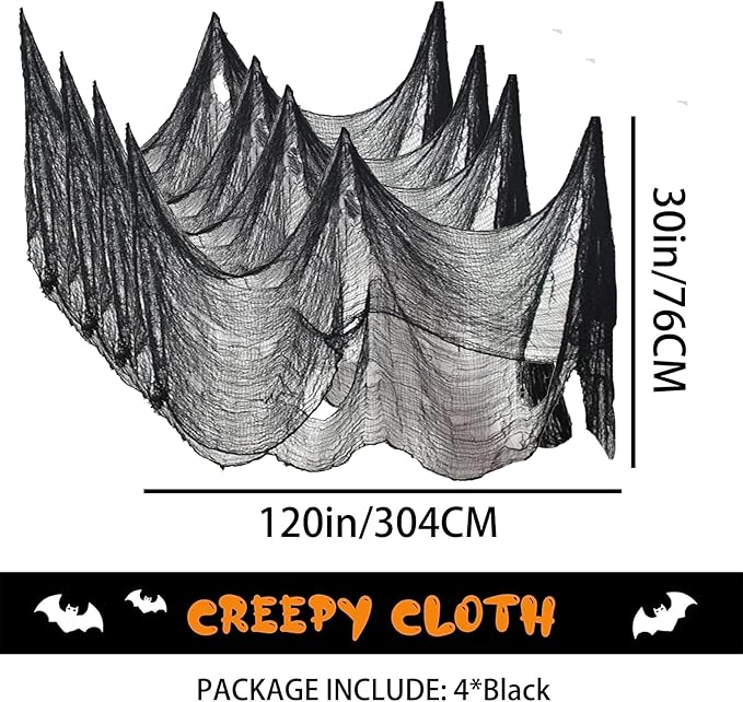 4-Pack Spooky Black Halloween Gauze - 30x120 Inch, Scary Cloth for Haunted House, Outdoor Patio, Garden, Indoor Wall Windows, Halloween Decorations