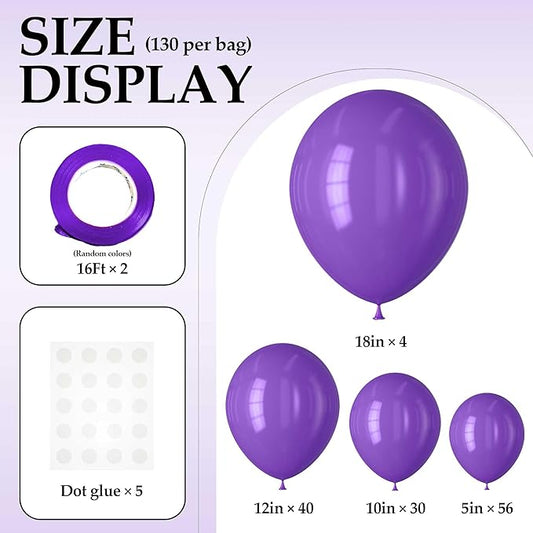 130PCS Purple Balloons, Latex Balloons Different Sizes 18/12/10/5 Inch, Helium Balloons with Ribbon, Party Balloon Set for Birthday Wedding Graduation Anniversary Baby Shower Decorations.