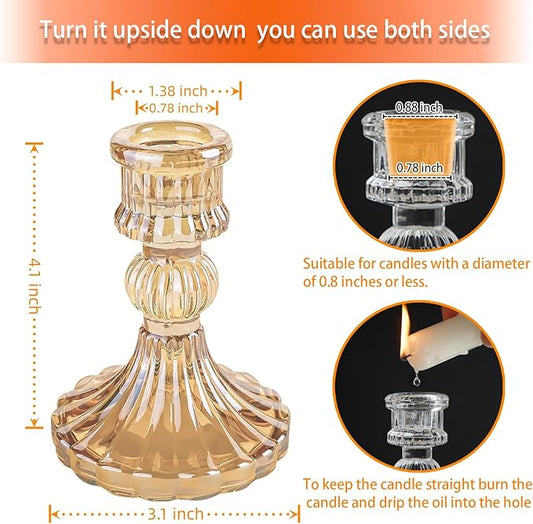 Glass Candlestick Holder,Striped Taper Candle Holders,Set of 6 Candle Stand for Table Centerpieces, Home Decor,Weddings,Festival and Parties (Amber Stripe Pattern)