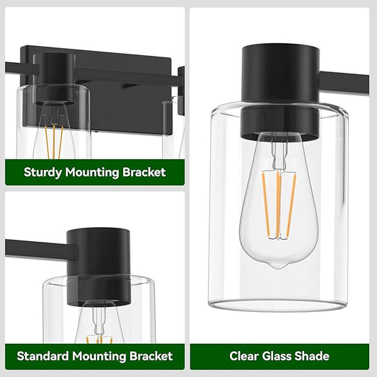 4-Light Modern Vanity Light Fixtures Over Mirror, Matte Black Bathroom Light Fixtures, Vanity Lights, Wall Sconce with Clear Glass Shade for Bathroom, E26 Base