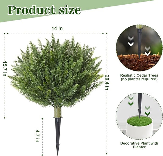 15.7" Fake Shrubs, Artificial Cedar Ball Tree Plant, 2 Packs of Fake Cedar Outdoor shrubs with Ground Spike, UV Resistant Fake shrubs, Used for Indoor and Outdoor Front Porch Gardens