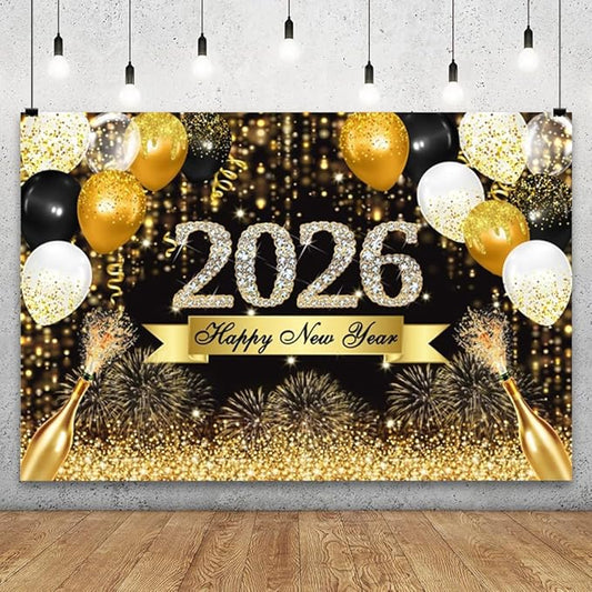 YongFoto 2026 Happy New Year Backdrop 8x6.5ft Gold Balloons Champagne Fireworks Photography Background Christmas Festival Carnival Family Party Banquet Decor Banner Photoshoot Wallpaper Photo Booth