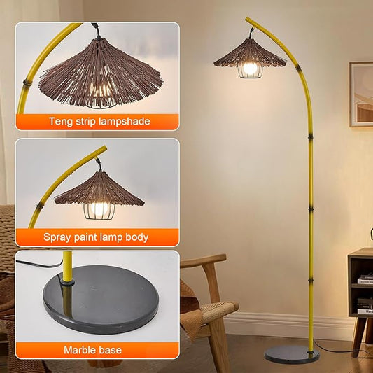 beaysyty Bamboo Floor lamp Mid Century Rattan Retro Floor lamp Bohemian,Arc Floor Lamps for Living Room Tall Reading Lamps Antique Rattan Style for Bedroom Dining Room Farmhouse Study (Yellow)