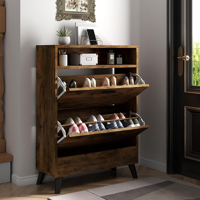 Shoe Storage Cabinets, 16 Pairs Free Standing Shoe Organizer with 2 Flip Drawers for Entryway, Narrow 3 Tier Entryway Hidden Shoe Rack with Doors (Rustic)