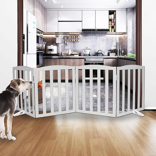 ZJSF Foldable Freestanding Indoor Dog Gate for House Wood Long Pet Gates Dog Fence for Stairs Puppy Gates for Hallways, Puppy Gate,Support Feet Included, Grey, 24 "Height-4 Panels