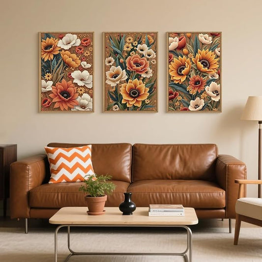 Large Boho Flower Botanical Framed Canvas Wall Art,Abstract Floral Wall Decor,Embroidery Plant Wall Painting,Bloom Wildflower Artwork for Living Room,Bedroom,Dining Room,Office -16"x24"x3