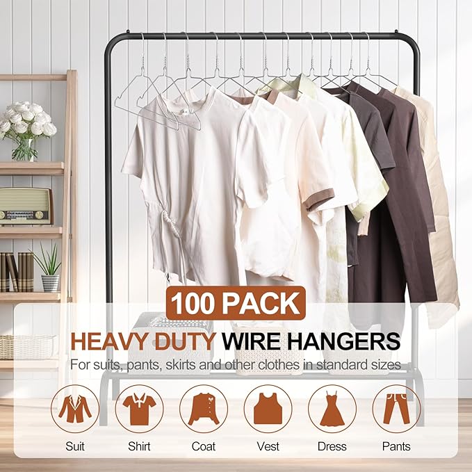 100 Pack Bulk Metal Clothes Hangers, Heavy Duty Wire Coat Hangers, Non-Slip, Ultra Thin Space Saving Hangers for Closet, Shirts, Suits, Pants, 16 Inch