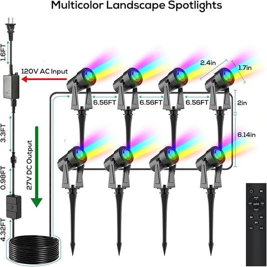 SUNTHIN Outdoor Landscape Lighting with Remote, RGBW Color Changing Spot Uplights, 8 Pack