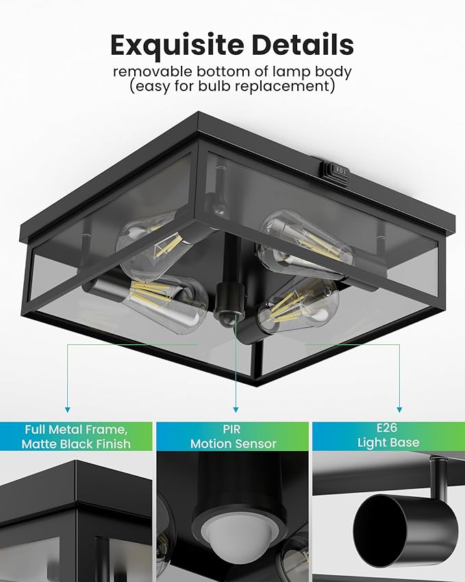 Caftersmark Outdoor Ceiling Light with Motion Sensor, Flush Mount Porch Ceiling Light, lear Glass with Dusk to Dawn 4-Light Close to Ceiling Light Fixture for Patio,Porch,Garage(14 in)
