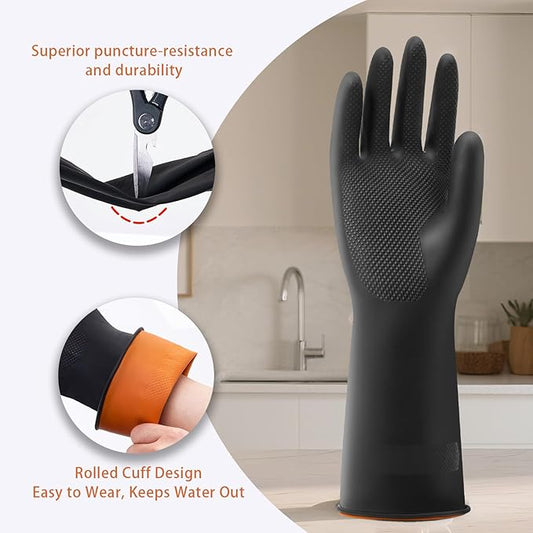 Bamllum 4 Pairs Black Rubber Dishwashing Gloves - Reusable Cleaning Gloves for Kitchen, Household, Anti-Slip, Flexible & Long-Lasting (Large)