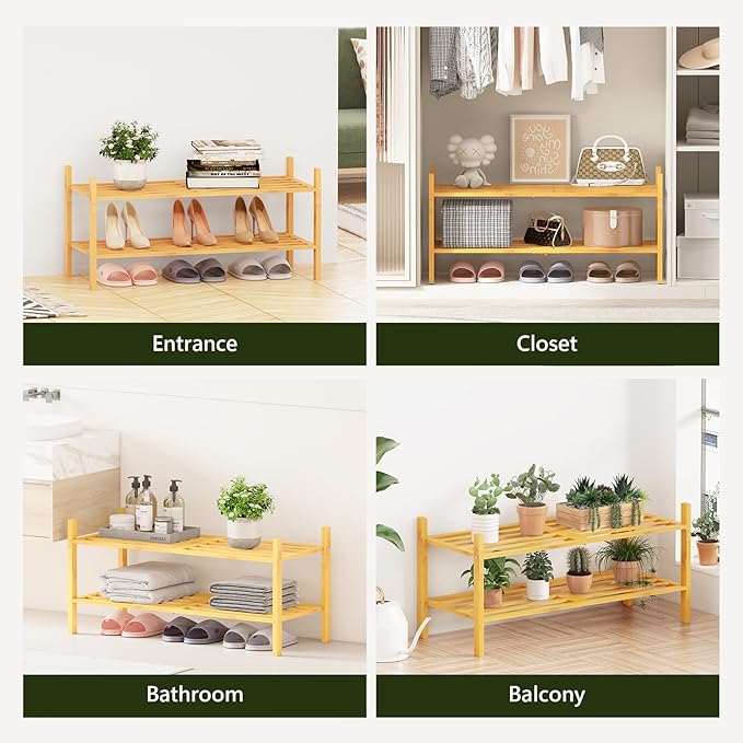Bamboo Shoe Rack for Closet 2 Tier, Space-Saving Stackable Shoe Organizer for Entryway, Dorm, Garage, Natural