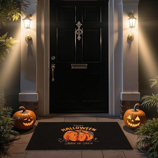 Halloween Door Mat, Halloween Pumpkin Doormat Outdoor Front Door Entrance Absorbent Entry Mat with Non Slip Backing, 17''x30'', Pumpkin Black
