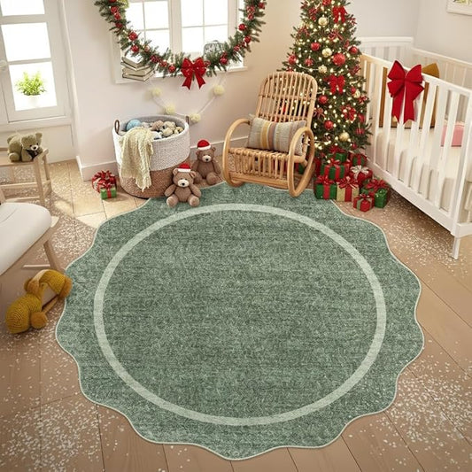 GarveeHome Scalloped Round Area Rugs, Washable Small Round Rug 3 ft Non-Slip, Soft Christmas Ultra-Thin Circle Solid Low Pile Stain Resistant Carpet for Bedroom Entryway Kitchen Laundry, Greyish Green