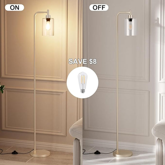 Floor Lamps for Living Room - Industrial Standing Lamp with Glass Shade, Modern Gold Floor Lamp with LED Bulb, Tall Lamp for Bedroom Office - Light Gold