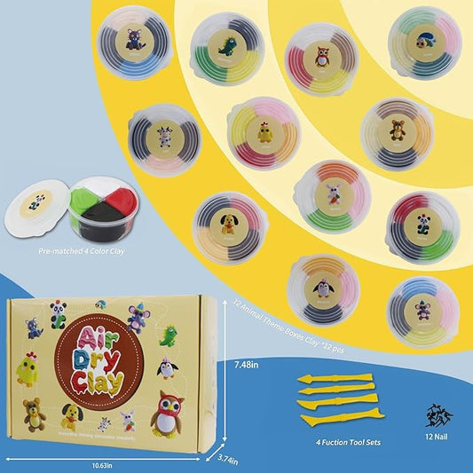 Air Dry Clay Kit for Kids - Animal Themed,12 Animals DIY Molding Clay Art Crafts Set for Kids Girls Boys Valentines Gifts Party Favors Classroom School Exchange Prize (Animal)
