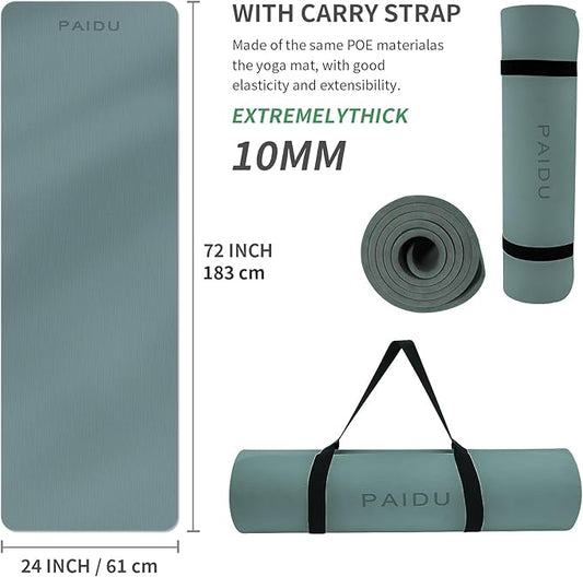 Yoga Mat Non Slip Anti-tear,extra thick-2/5 inch(10MM)High Resiliency Professional POE Yoga Mats for Women Men Kids,72"x24"inch,Workout, Yoga, Pilates and Floor Exercise, with Carrier Strap