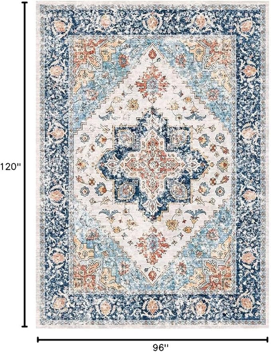 SERISSA Boho 8x10 Area Rugs, Washable Vintage Large Living Room Rug Non-Slip, Ultra Soft Oriental Print Distressed Tribal Farmhouse Blue Orange Carpet for Dining Room Bedroom Dorm Office Home Decor