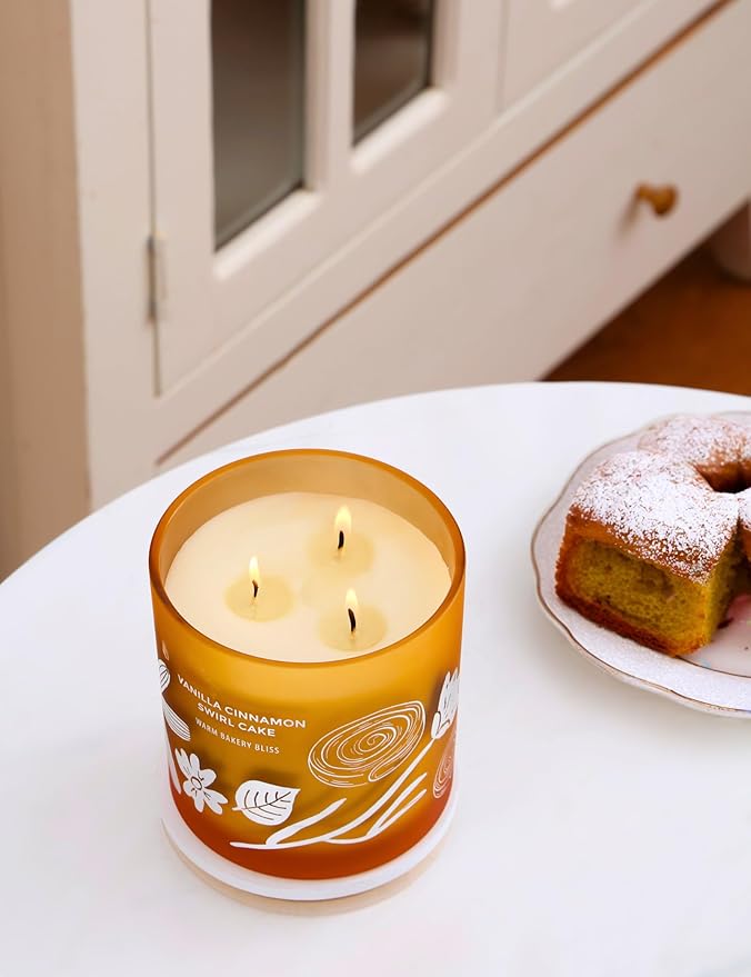 Vanilla Cinnamon Swirl Cake 3-Wick Soy Scented Candle for Home, 14.5 oz Large | Bakery Scented Candle | Long Lasting Aromatherapy Candles | Gift for Women & Men Housewarming