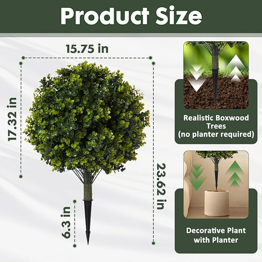 Pair(2) Artificial Boxwood Topiary Ball Bush for Outdoor with Ground Spike,30" UV Resistant Faux Boxwood Ball Tree, Fake Green Boxwood Plants for Garden, Yard, Porch, Patio Decor