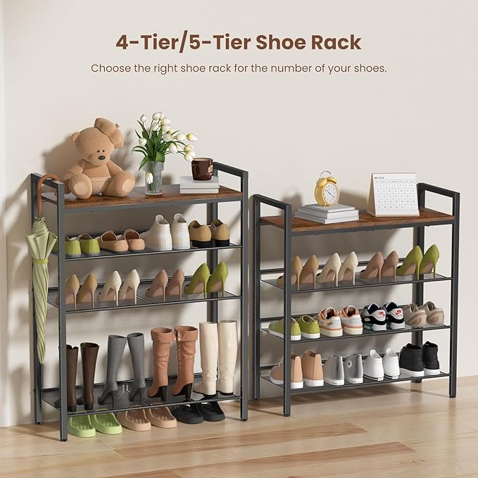 4 Tier Shoe Rack for Front Door Entrance, Shoe Rack for Entryway, Metal Shoe Organizer Heavy Duty with Wooden Top & Adjustable Mesh Shelves, Shoe Storage for Closet Bedroom Bathroom Dorm Garage