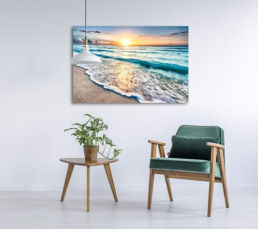 Baisuart S02269 Canvas Prints Wall Art Beach Sunset Paintings Ocean Waves Nature Pictures Stretched Canvas Wooden Framed for living Room Bedroom and Home Office Wall Decor Posters