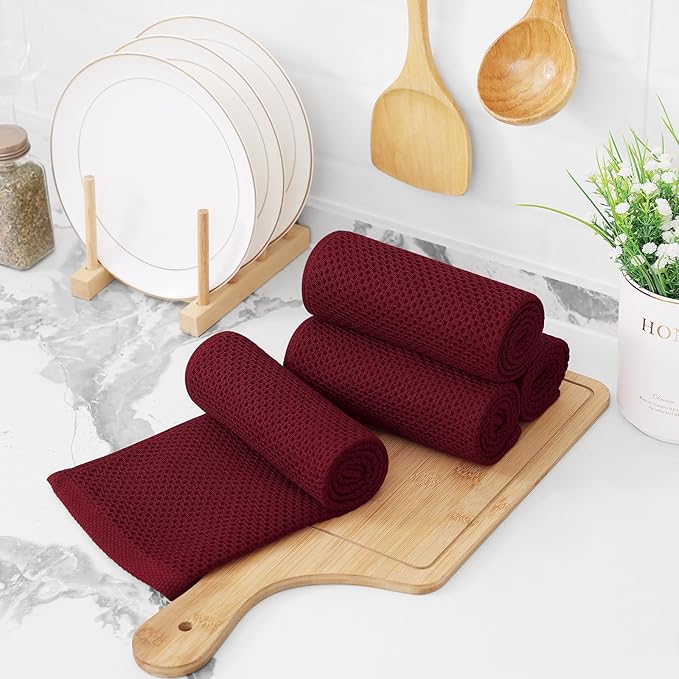 Kitinjoy 100% Cotton Waffle Weave Kitchen Towels, 12-Pack Super Soft and Absorbent Dish Towels for Drying Dishes, Kitchen Hand Towels, 13 in x 28 in, Burgundy