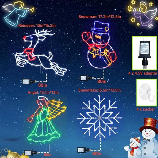 16" Christmas Window Silhouette Lights Decorations - 4 Pack Colour Lighted Angel & Reindeer & Snowflake & Snowman for Holiday Wall Door Window Decorate