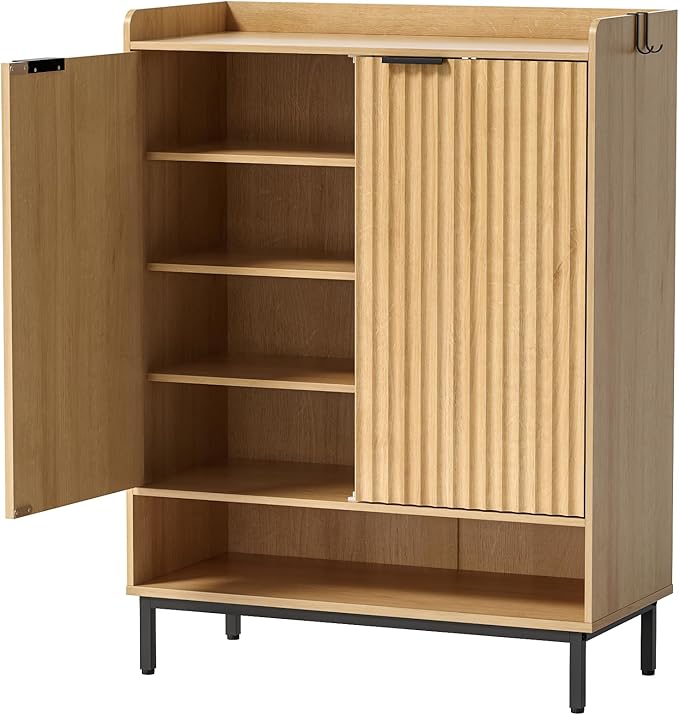 Large Shoe Cabinet with Doors Set of 2, Fluted Wooden Storage with Adjustable Shelves, Hanging Rod Modern Tall Freestanding Shoe Rack Organizer for Entryway, Hallway Natural Oak