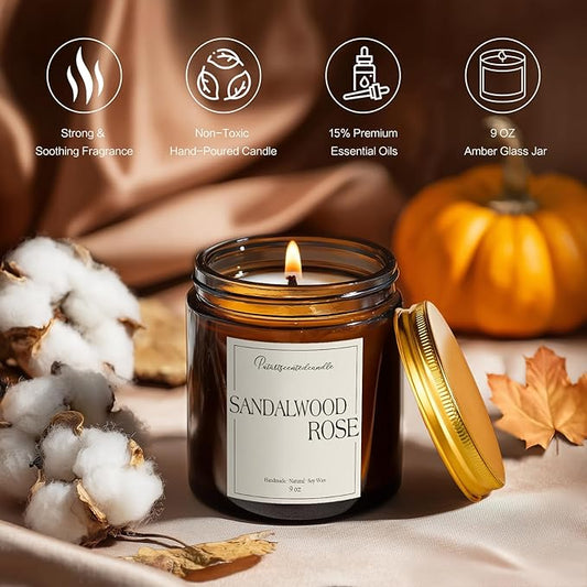 Sandalwood & Rose Scented Candles for Home, Natural Soy Wax Aromatherapy Santal Rose Candle Gifts for Men & Women, Highly Scented & Long Lasting Non Toxic Jar Candle for Stress Relief (9oz)