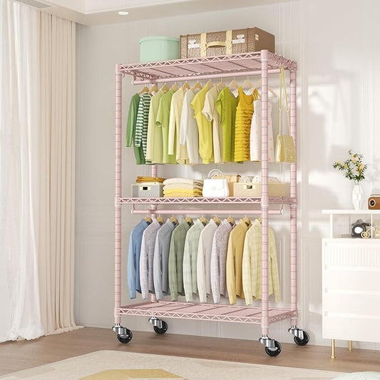 P3 Rolling Clothes Rack, Clothing Racks for Hanging Clothes, Heavy Duty Garment Rack with Wheels, Freestanding Portable Closet Organizer 39.4''W x 14''D x 78.5''H, Max Load 464 LBS, Pink