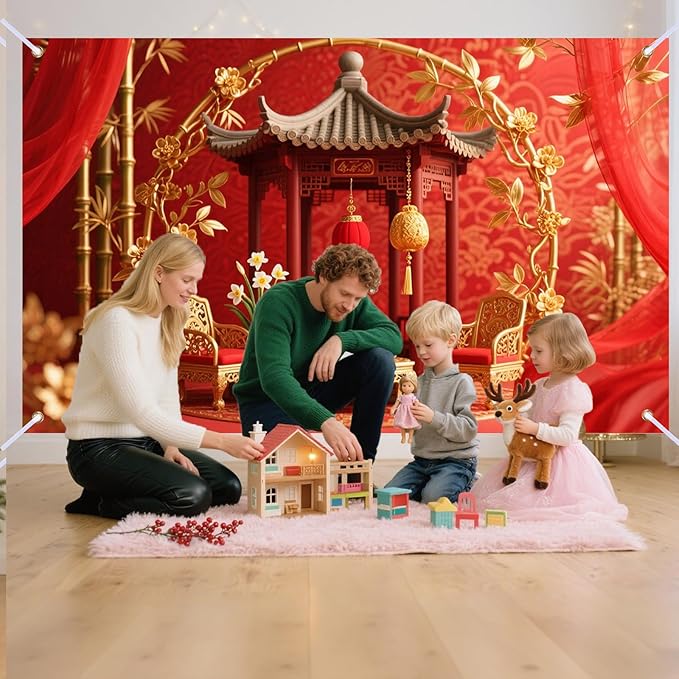 Nuxovilar Happy New Year Banner, Chinese Palace Red Gold Backdrop for Holiday Party Decorations, 71x43 Inch