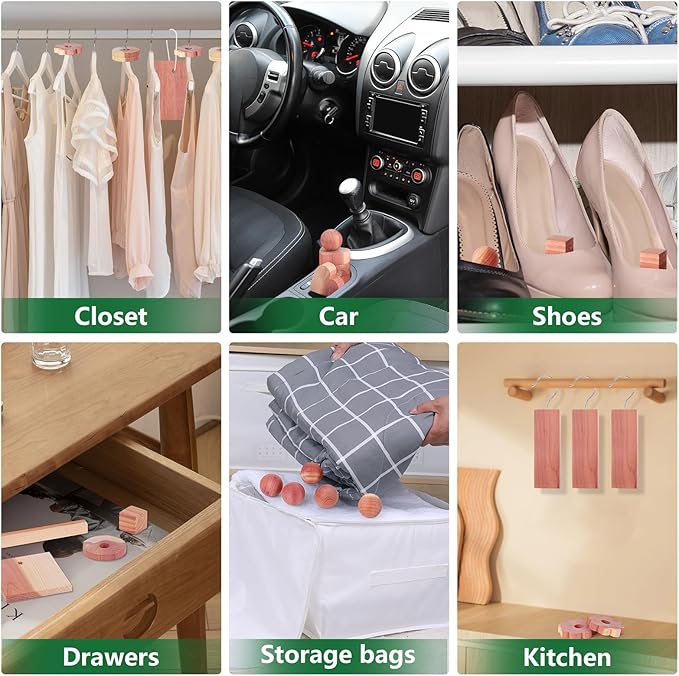 ESRICH Cedar Blocks for Clothes Storage 100PCS,Cedars Planks with Metal Hooks, Cedar Wood Chips Cedars Rings and Balls for Closets and Drawers