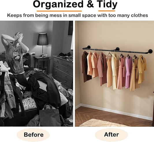 Wall Mounted Clothes Rack 72.5in, Industrial Pipe Clothing Racks Wall Mount, Heavy Duty Detachable Iron Garment Bar, Saving Space, Multi-Purpose Hanging Rod for Bedroom, Laundry Room, 2 Packs