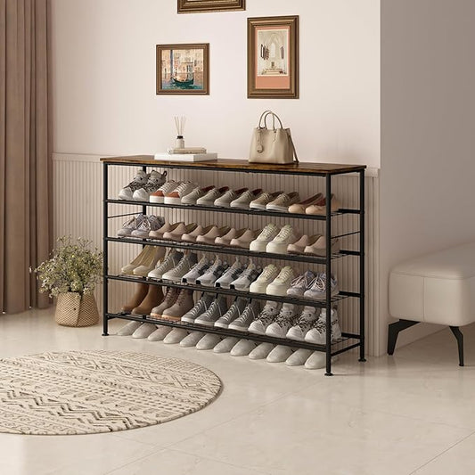 Shoe Rack 5 Tier Shoe Storage Organizer Metal Mesh Shelves with MDF Top Board for Entryway, Hallway, Closet,Bedroom,Living Room (Black+Rustic Brown, Large 5 Tier)