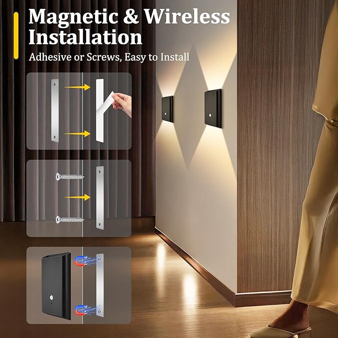 Eneru Rechargeable Motion Sensor Night Light: 5000mAh Black Battery Operated Wall Sconce with Remote Control, 3 Colors Wireless Stair Lights Indoor, Magnetic LED Night Lamp for Hallway Porch, 1 Pack