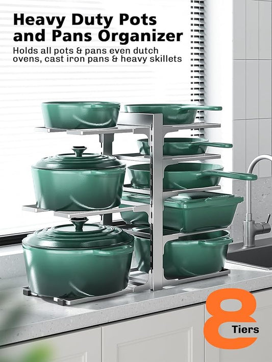 MUDEELA 8-Tier Pots and Pans Organizer for Cabinet, Adjustable Heavy Duty 120LBS Pot and Pan Organizer Rack Under Cabinet, Kitchen Cabinet Storage and Organization Cookware Baking Frying Rack