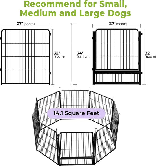 SunsGrove Dog Playpen Outdoor, Heavy Duty 32 Inch 8 Panels Dog Playpen for Small and Medium Dogs, Free and Safe Play Dog Fence Indoor, Black